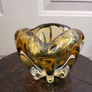 Vintage Mid Century Murano Summerso Amber Green Art Glass Vase Bowl